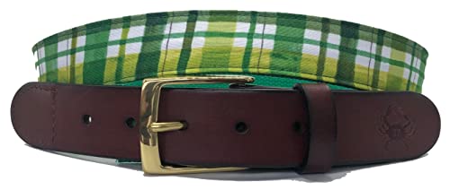 Mens St. Patrick's Day Green Plaid Leather Belt, Green Plaid with Leather Tab and Brass Buckle