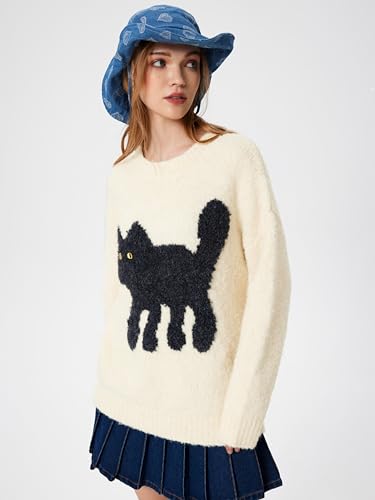 Image of CIDER Women's Cat Sweater Long Sleeve Crew Neck Fun Graphic Cute Patterned Chunky Pullover Sweater Tops