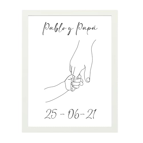Xulisimo Lamina Personalizada Día Del Padre. Cuadro Con Foto Personalizada. Regalo Original Para Papá, Decoración Hogar, Recuerdo Especial. (Manos Y Fecha, Marco Blanco, 13X18)