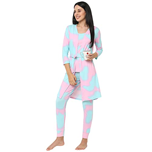 Image of Sweet Dreams Women Tie & Dye Lapel Collar 3 /4th Sleeve Poly Brush Robe, Slip & Pyjamas