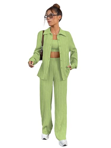 Image of Shasmi Women's 3-Piece Co-ord Set - Solid Button Front Shirt, Strapless Tube Top & Wide Leg Pants | Casual Loose Fit Western Outfit for Daily Spring /Fall Wear (Co-Ord-208)