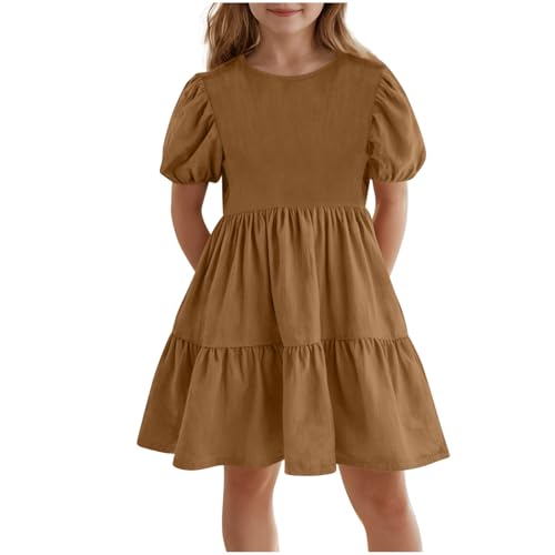 Girls Dresses Cute Puffy Sleeve Square Neck Smocked Flowy Midi Dresses Kids Swing A Line Ruffle Tiered Party Sundress
