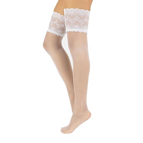 MEDIAS AUTOADHESIVAS PARA NOVIA | MEDIAS AUTOSUJETADORAS TRANSPARENTES | 15 DEN | MARFIL, BLANCO, NATURAL | CALCETERÍA ITALIANA | (M/L, blanco)