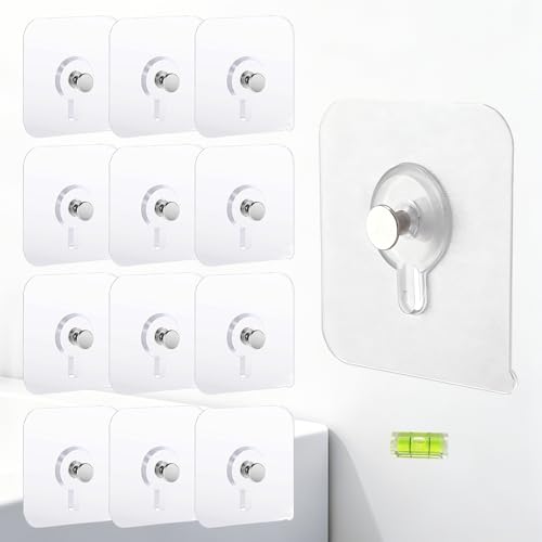DOVARIUM Drill Free Adhesive Hooks 12PCS with Bonus Level, Picture Hangers Without Nails No Damage for Kitchen Bathroom Home (12)