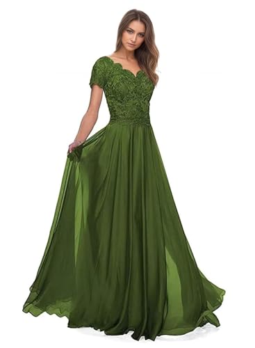 Lace Appliques Mother of The Bride Dress Short Sleeves V Neck Long Chiffon Mother of The Groom Dress