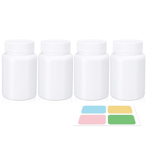 Image of White Pill Bottle, Empty Medicine Bottles with Screw Caps for Pills Capsules Vitamins, Food Grade Plastic Medicine Containers with Labels for Travel (5oz /150ml, 4 Pcs)