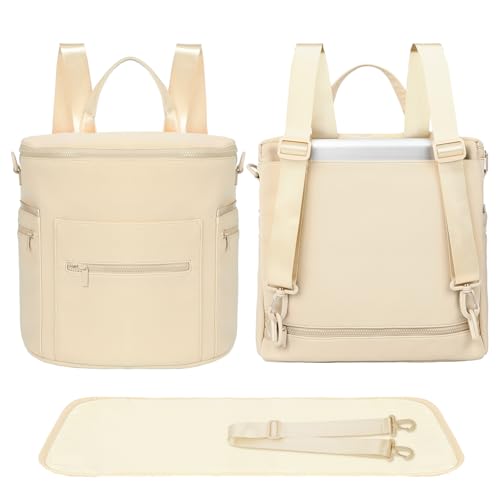 Image of miss fong Neoprene Diaper Bag - Baby Diaper Bag,Large Capacity Neoprene Backpack with Changing Pad Travel Diaper Backpack Tote Backpack with 16 Pockets for Mom & Dad-Beige