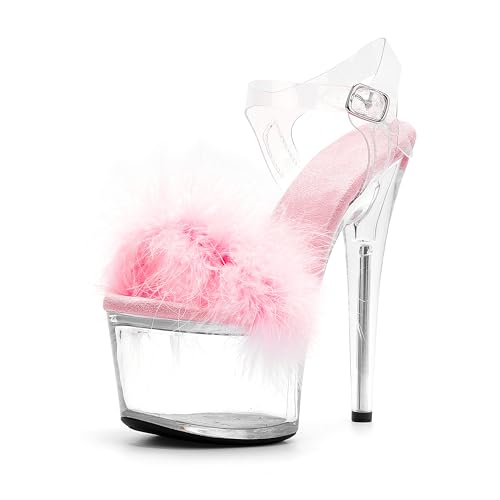 WUXIN H&P 7 Inch Clear Platform Sandals Heel Feather Furry Stiletto for Women, Exotic Dance Shoes, Sexy Evening Party Heels US 8