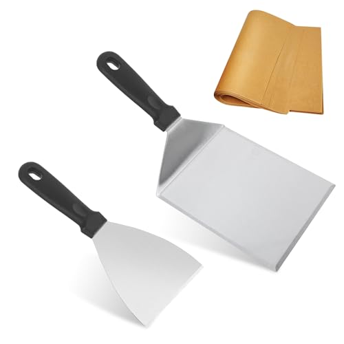 Grillspachtel 2 Stücke Grillwender Set mit Holzgriff, Grillbesteck BBQ Werkzeugset Edelstahl inkl. Burgerpapier Grill Pfannenwender für Smash Burger,Plancha Spachtel Teppanyaki Zubehör