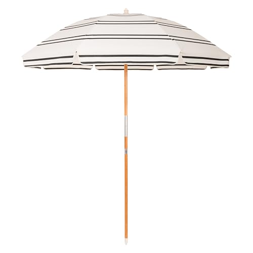 Business & Pleasure Co. Rio Umbrella Scalloped Brim For Beach, Patio or Picnic - 6' Boho Beach Umbrella, 7' Tall Wood Pole, UPF 50+, Malibu Black Stripe