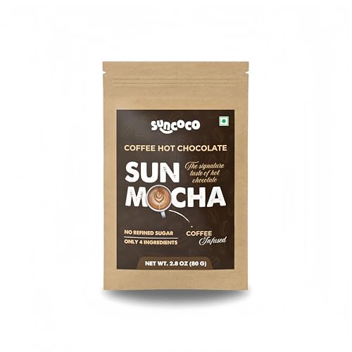 Image of SUNCOCO - Hot Chocolate Powder Mix, Coffee Infused- 5 sachet Box | 45% Luxe Cocoa | No Refined Sugar | Enjoy Hot or Cold | Healthy Growth & Antioxidant Rich | 100 grams (Sun Mocha)