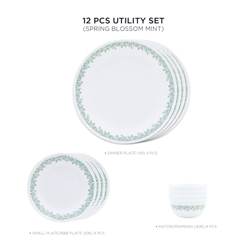 Image of CORELLE Spring Blossom Mint 12 Pcs Dinner Set for Family of 4 | Plates, Bowls for Dining| Vitrelle 3 Layer Glass| Lightweight Non-Porous Surface Crockery| 1-Year Warranty on Chip, Break & Scratch