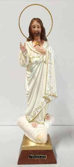 ArteSacraCaravaggio Statua di Gesù Sacro Cuore cm 37 all'aureola (14,56 inches) in vetro resina, con occhi in vetro decorata a mano di produzione artigianale