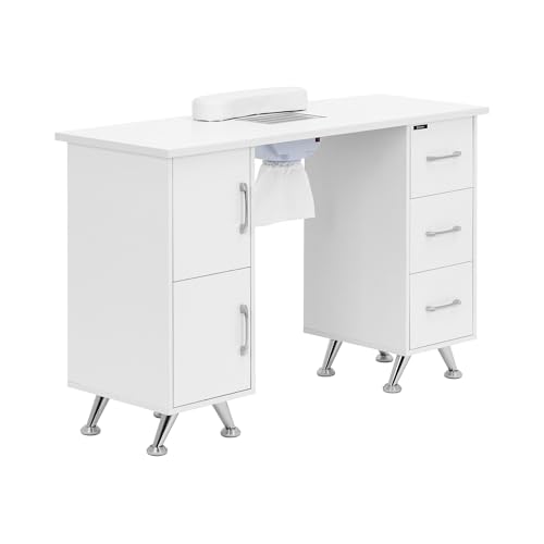physa Mesa para manicura blanca y plateada con succión de polvo 3 cajones reposamanos Mesa para uñas Mesa de uñas con aspiradora Mesa para salón de uñas