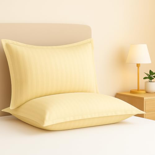 Image of Cotton Solid Striped Pillow Covers | Ultrasoft Breathable Envelope Closure| Pack of 2 Pillow Covers Standard Size (27 x 17 Inches) (Cream)