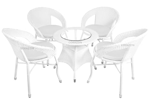 Image of Rattan Wicker Garden Patio Seating Chair and Table Set for Outdoor Balcony Garden Coffee Table Set Furniture with 1 Table and 4 Chairs with White Cushion (White)