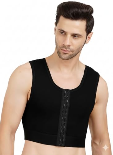 Image of Gynecomastia Compression Short Vest with Front Hook Closure || HIGH COMPRESSION || Tomboy Chest Binder || Comfortable Support for Men || Chest & Abdomen Support Shapewear