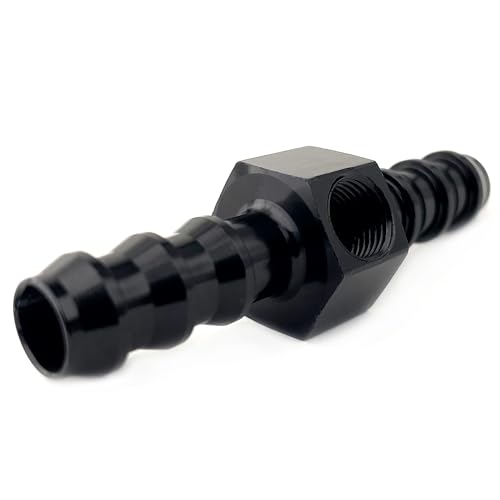 Image of 3 /8 Barb to 3 /8 inch Hose Barb Fuel Pressure Take Off Adapter with 1 /8 inch NPT Sensor Gauge Port Tube Fitting Tee Aluminum Black