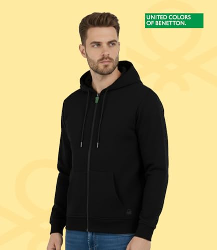 Image of United Colors of Benetton Cotton Hoodies for Men | Pullover | Winter Wear | Zipper Hoodie | Hooded Sweatshirt | Full-Zip with Kangaroo Pockets | Mens Jackets