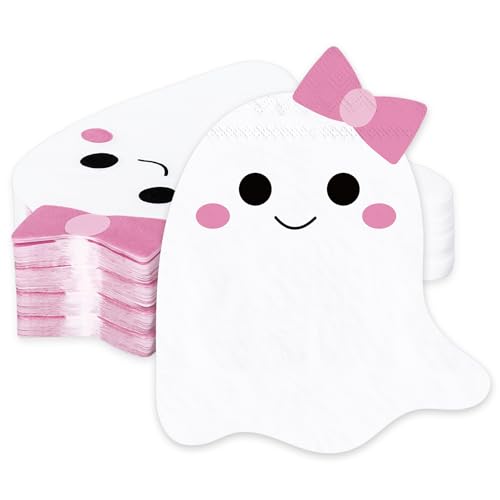 JarThenaAMCS 100Pcs Halloween Ghost Napkins White Pink Ghost Shape Paper Napkins Cute Boo Disposable Dinner Hand Napkins for Halloween Baby Shower Party Supplies
