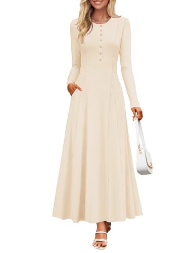 Image of ZESICA Women's Elegant Maxi Dresses 2026 Fall Long Sleeve Button Casual A Line Boho Flowy Dress with Pockets