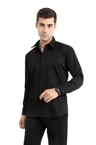 Image of SNITCH Men Shirt Formal Wear Slim Fit Full Sleeve Spread Collar Plain Style | Premium Satin Cotton Blend & Breathable Fabric for Office