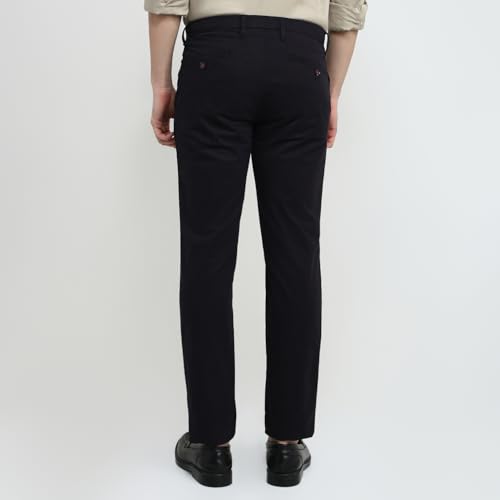 Image of Raymond Men Slim Fit Solid Pattern Cotton Elastane Blend Flat Front Casual Trouser