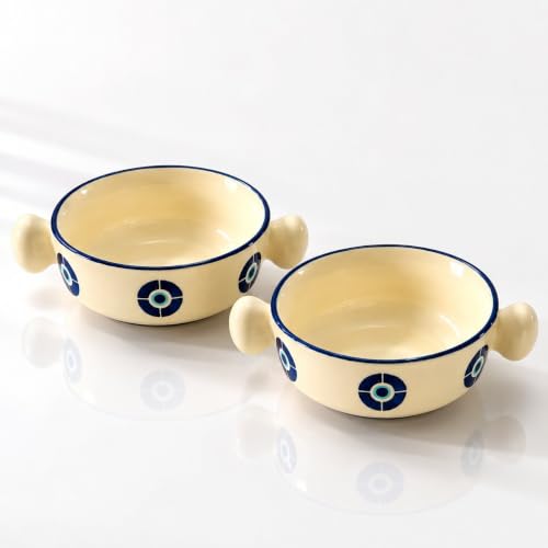Image of Lupaava Handmade Ceramic Bowl Set of 2 | Printed Serving Bowls for Soup, Snacks, Dessert & Cereal | Microwave & Dishwasher Safe Kitchen Bowls (Multicolor) (Evil Eye Blue)