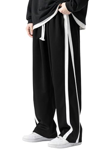 Image of GRECIILOOKS Men's Wide Leg Track Pants with Contrast Side Panel, Relaxed Drawstring Fit Streetwear Trousers, Poly Blend Casual Joggers