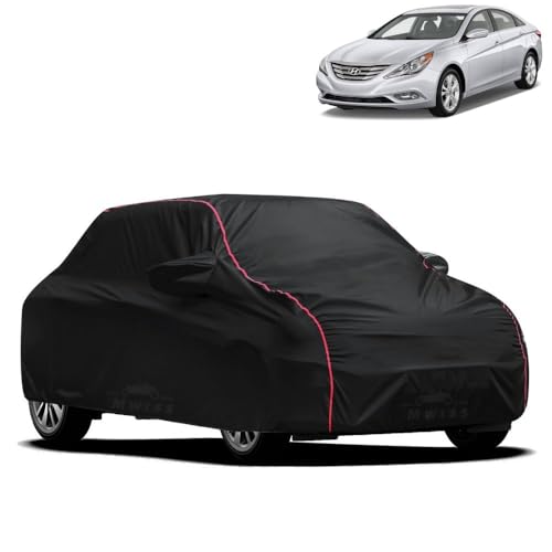Image of Waterproof Car Cover for Hyundai Sonata Embera | All-Weather Protection, Dustproof & UV Resistant | Triple Stitched Mirror Pockets, Windproof Buckle Strap with Elastic Hem, Black-Red Piping