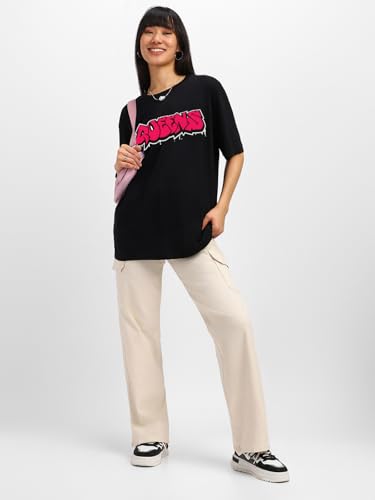 Image of JUNEBERRY Round Neck Drop Shoulder Round Neck Black & White Graphic Printed Pure Cotton Oversized Baggy Fit Half Sleeve T-Shirt for Women & Girls (Sizes: S to 2XL)