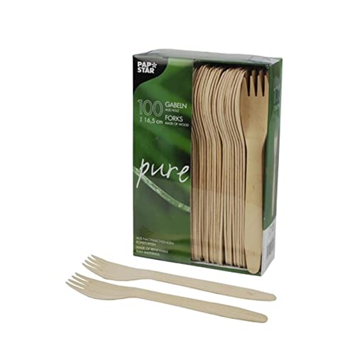Papstar Holzgabeln / Einweggabeln pure (100 Stück) Länge 16.5 cm aus natürlich hellem Birkenholz für Grillfeste oder Geburtstage stabiles Einweggeschirr splitterfreie Verwendung #18199