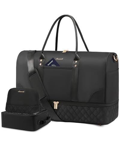 Foto de LOVEVOOK Bolsa de fin de semana para mujer, bolsa de lona de viaje, bolsa de mano para la noche, bolsa de lona para gimnasio y yoga, Negro -, Viajes (imagen 2)