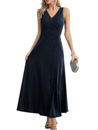 Missufe Damen Elegant Wickelkleid Abendkleid Cocktailkleid Ballkleid Maxikleid Lang Hochzeit Festlich V-Ausschnitt Kleider mit Schlitz (Marineblau,...