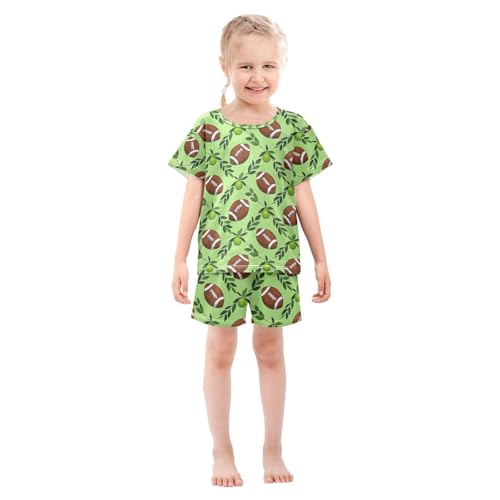 ALAZA Rugby American Football Green Pajamas Set Short Sleeve Cotton Sleepwear Summer Pjs 2 Piece 5-14Y3