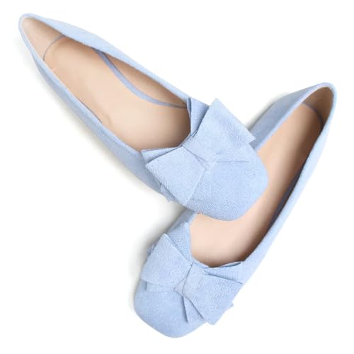 WENJIAZHIZHI Bowknot Ballet Flats Womens Square Toe Bowtie Flat Shoes Suede Dress Shoes Wear to Work Slip On Moccasins