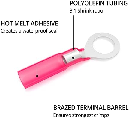Wirefy 150 PCS Heat Shrink Ring Terminals #10 - Marine Grade Ring Connectors - Eyelet Wire Connectors - Red 22-16 AWG