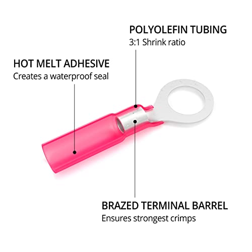 Wirefy 150 PCS Heat Shrink Ring Terminals #10 - a Resistant Ring Connectors - Eyelet Wire Connectors - Red 22-16 AWG