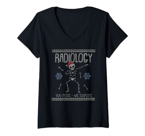 Mujer Ugly Christmas Sweater Funny Radiology Pose Exponer Esqueleto Camiseta Cuello V