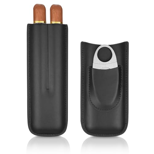 cgaplus Estojo De Couro Para Charutos Com 2 Dedos E Cortador, Umidificador Revestimento Em Madeira Cedro, Portátil Viagem (Preto)