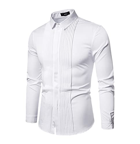 Men's Tuxedo Shirts Front Pleated Solid Dress Slim Fit Long Sleeve Blouse Groomsman Party Wedding Tops