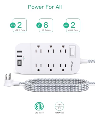 Power Bar Extension Cord 10 FT - Flat Plug, 6 Outlets 4 USB Ports Outlet Extender with Overload Protection, Wall Mount, Desktop Charging Station for Home, Office and Dorm Essential image 5