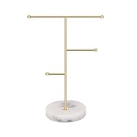 Jewelry Organizer,Metal T-Bar Necklace Display Stand Earrings Holder for Home, Hanging Pendant Rack with Marble Pattern Round Tray for Bracelets Rings Watches (A-Gold)