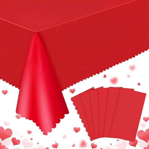 Image of NatNarr 6 Pack Red Tablecloths Plastic, Scalloped Christmas Table Cloths
