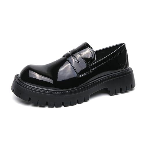 Men's Patent Leather Platform Lug Sole Slip on Penny Loafers Classic Round Toe Chunky Business Casual Formal Dress Derby Shoes