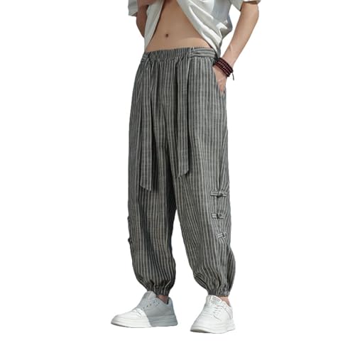 Men's Summer Chinese Style Trendy Thin Loose Cotton Linen Striped Jogger Pants