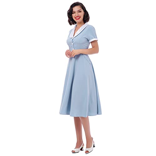 Image of Women 1950s Vintage Short Sleeve Peter Pan Collar Retro Swing A Line Midi Summer Dress Cocktail Party Evening Prom Gown