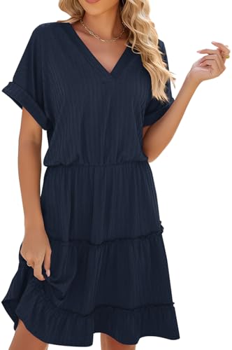 Image of PerZeal Women's Casual V Neck Short Sleeve Tiered Dress Ruffle Hem A-Line Flowy Swing Midi Dresses