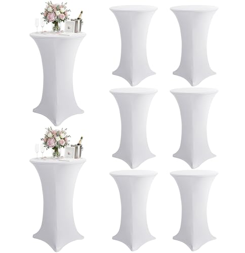 KeyWave Cocktail High Top Table Covers - 32x43 Inch Fitted Spandex Round Cocktail Tablecloth for Bar Height Standing Table Cloths Reusable for Party Wedding Banquet Event Decorations White 8 Pack