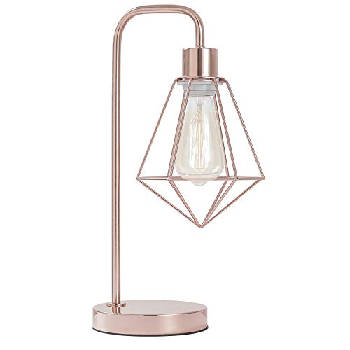 SOTTAE Modern Industrial Rose Gold Table Lamp, Vintage Bedside Cage Desk Lamp, Rustic Metal Nightstand Lamp, Geometric Side Table lamp for Bedroom,Living Room,Office